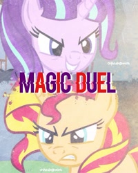 Size: 1080x1349 | Tagged: artist needed, safe, starlight glimmer, sunset shimmer, pony, unicorn, magic duel, alternate universe, role reversal