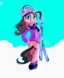 Size: 831x1014 | Tagged: safe, artist:timeforsp, pinkie pie, pony, bipedal, clothes, skis, snow, snowfall, solo