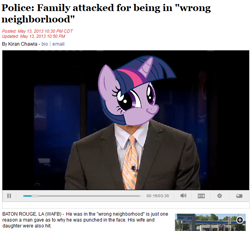 Size: 636x587 | Tagged: safe, derpibooru import, edit, twilight sparkle, human, meme, necktie, news, text, twiface, wrong neighborhood