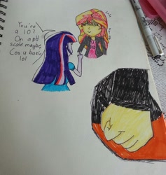 Size: 2175x2299 | Tagged: safe, artist:lizzyisme, sunset shimmer, twilight sparkle, equestria girls, fist, meme, this will end in pain and/or tears and/or death, traditional art