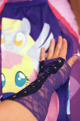 Size: 3893x5888 | Tagged: safe, derpy hooves, fluttershy, human, arm, arm warmers, bed, clothes, fabric, frilly, hand, irl, lace, leggings, merchandise, photo, welovefine