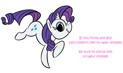 Size: 673x400 | Tagged: safe, artist:rusheloc, rarity, pony, unicorn, crossdressing, good advice, mouthpiece, parody, simple background, solo, subversive kawaii, text, white background