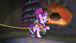 Size: 1280x720 | Tagged: safe, screencap, snowfall frost, starlight glimmer, pony, unicorn, a hearth's warming tail, book, cauldron, female, fireplace, looking back, mare, plot, rope, solo