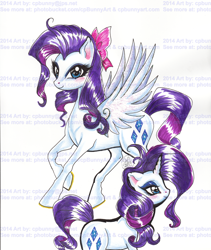 Size: 1550x1834 | Tagged: safe, artist:alaer, rarity, pegasus, pony, unicorn, bow, female, hair bow, mare, pegasus rarity, race swap, solo, traditional art, watermark