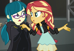 Size: 1315x913 | Tagged: safe, screencap, juniper montage, sunset shimmer, equestria girls, movie magic, spoiler:eqg specials, bodysuit, cape, clothes, cropped