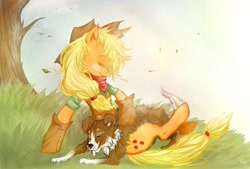 Size: 2000x1349 | Tagged: safe, artist:cruelseptember, applejack, winona, earth pony, pony, clothes, grass, tree, windswept mane