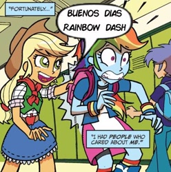 Size: 458x462 | Tagged: safe, derpibooru import, edit, applejack, rainbow dash, equestria girls, spoiler:annual2013, buenos dias mandy, comic, exploitable meme, meme, spanish, text edit