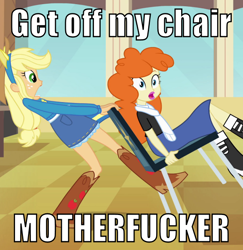 Size: 582x600 | Tagged: safe, edit, edited screencap, screencap, applejack, equestria girls, equestria girls (movie), cropped, fake ears, image macro, pony ears, vulgar, wondercolts uniform