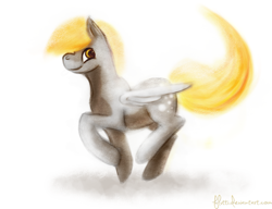 Size: 1024x788 | Tagged: safe, artist:flutti, derpy hooves, pegasus, pony, female, mare, raised hoof, simple background, smiling, solo