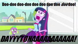 Size: 648x370 | Tagged: safe, derpibooru import, edit, edited screencap, screencap, spike, twilight sparkle, dog, equestria girls, equestria girls (movie), caption, daytona usa, duo, exploitable meme, impact font, spike the dog, twiscream