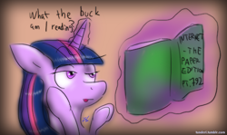 Size: 500x297 | Tagged: safe, artist:tunderi, derpibooru import, twilight sparkle, 30 minute art challenge, book, magic, reading, telekinesis