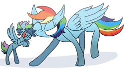 Size: 789x438 | Tagged: safe, artist:kabukipie, derpibooru import, rainbow dash, oc, oc:daring streak, pegasus, pony, colt, female, magical lesbian spawn, male, mother and child, mother and son, next generation, offspring, parent and child, parent:rainbow dash, parent:twilight sparkle, parents:twidash, simple background, white background