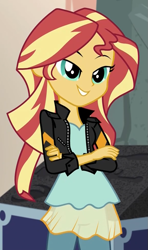 Size: 579x981 | Tagged: safe, screencap, sunset shimmer, equestria girls, movie magic, spoiler:eqg specials, clothes, cropped, crossed arms, jacket, leather jacket, solo