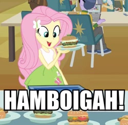 Size: 519x504 | Tagged: safe, edit, edited screencap, screencap, bright idea, fluttershy, microchips, wiz kid, equestria girls, equestria girls (movie), burger, caption, chair, clothes, computer, food, hamburger, hot dog, image macro, meat, plate, sandwich, sausage, skirt, text