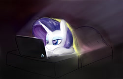 Size: 2000x1287 | Tagged: safe, artist:mcsadat, rarity, pony, unicorn, bed, blanket, computer, custom, dark, decal, laptop computer, prone, solo