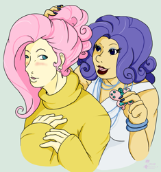 Size: 911x971 | Tagged: safe, artist:therottingroot, fluttershy, rarity, human, clothes, humanized, light skin, sweater, sweatershy, transgender, turtleneck
