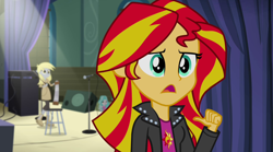 Size: 1280x714 | Tagged: safe, screencap, derpy hooves, paisley, sunset shimmer, equestria girls, rainbow rocks, clothes, jacket, leather jacket, saw
