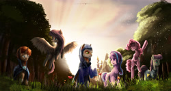 Size: 3856x2054 | Tagged: safe, artist:aidelank, fluttershy, maud pie, pinkie pie, starlight glimmer, sunburst, oc, oc:foxtor volpes, earth pony, fox, fox pony, pegasus, pony, unicorn, canterlot castle, commission, crepuscular rays, flower, forest, fox hybrid, grass field