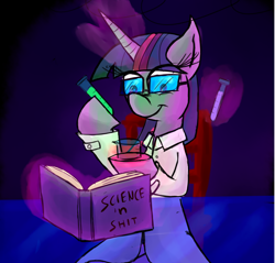 Size: 1200x1147 | Tagged: safe, artist:senx, derpibooru import, twilight sparkle, book, clothes, glasses, lab coat, science, solo, vulgar