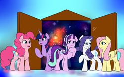 Size: 2304x1440 | Tagged: source needed, safe, artist:tabula-rasa, fluttershy, pinkie pie, rarity, starlight glimmer, twilight sparkle, twilight sparkle (alicorn), alicorn, earth pony, pegasus, pony, unicorn, fanfic:songs of the spheres, door, floating, space