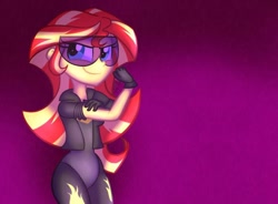 Size: 980x720 | Tagged: safe, artist:wubcakeva, sunset shimmer, equestria girls, clothes, concept art, equestrian city, female, gloves, goggles, jacket, leotard, pantyhose, solo