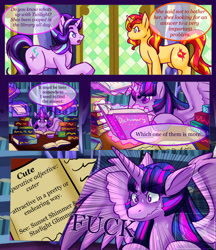 Size: 1000x1160 | Tagged: safe, artist:pastel-pony-pictures, starlight glimmer, sunset shimmer, twilight sparkle, twilight sparkle (alicorn), alicorn, pony, unicorn, book, comic, counterparts, cutie mark, female, implied lesbian, indecision, lesbian, levitation, library, magic, open mouth, shipping, speech bubble, spread wings, studying, sunsetsparkle, swearing, sweat, sweatdrop, telekinesis, this will end in polygamy, trio, twilight's castle, twilight's counterparts, twistarlight, vulgar, wings