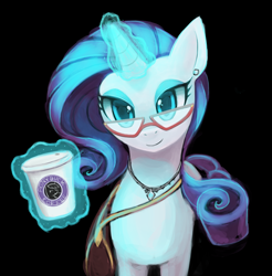 Size: 4308x4386 | Tagged: safe, artist:lumineko, rarity, pony, unicorn, absurd resolution, bedroom eyes, coffee, dark, female, glasses, glow, hipster, looking at you, magic, mare, satchel, smiling, solo, starbucks