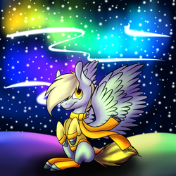 Size: 3000x3000 | Tagged: safe, artist:pellsya, derpy hooves, pegasus, pony, aurora borealis, clothes, female, mare, scarf, sitting, snow, snowfall, solo, spread wings