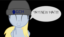 Size: 299x173 | Tagged: safe, derpy hooves, pegasus, pony, beanie, female, happy, hat, mare, solo, speech bubble