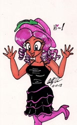 Size: 824x1330 | Tagged: safe, artist:newyorkx3, pinkie pie, human, cosplay, humanized, moderate dark skin, solo, traditional art