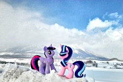 Size: 1917x1286 | Tagged: safe, photographer:hihin1993, starlight glimmer, twilight sparkle, twilight sparkle (alicorn), alicorn, pony, unicorn, hokkaido, irl, irl dog, japan, mountain, photo, plushie, ponies around the world, snow