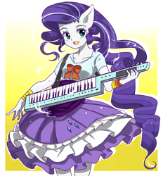 Size: 1200x1295 | Tagged: safe, artist:m@k, rarity, equestria girls, rainbow rocks, blushing, bow, clothes, dress, keytar, looking at you, musical instrument, pixiv, ponied up, pony ears, smiling, solo