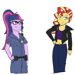 Size: 1280x1280 | Tagged: safe, artist:umbraamethyst, sci-twi, sunset shimmer, twilight sparkle, equestria girls, alternate costumes, alternate universe, belly button, clothes, female, lesbian, midriff, police, police officer, police uniform, scitwishimmer, shipping, simple background, sunsetsparkle, tanktop, white background