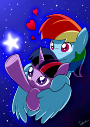 Size: 2480x3507 | Tagged: safe, artist:twidasher, derpibooru import, rainbow dash, twilight sparkle, pegasus, pony, female, heart, lesbian, shipping, stars, tangible heavenly object, twidash