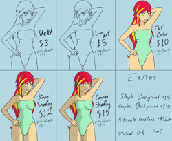 Size: 2200x1800 | Tagged: safe, artist:deltalima, sunset shimmer, equestria girls, arm behind head, armpits, blue background, clothes, commission info, commission prices, female, one-piece swimsuit, simple background, solo, swimsuit