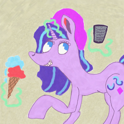 Size: 2100x2100 | Tagged: safe, artist:chocolate-mint swirl, starlight glimmer, pony, unicorn, beanie, cellphone, food, glowing horn, hat, ice cream, magic, phone, raised hoof, telekinesis