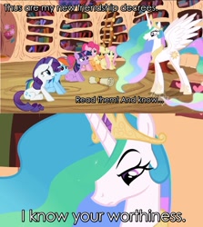 Size: 816x915 | Tagged: safe, derpibooru import, edit, edited screencap, screencap, applejack, fluttershy, pinkie pie, princess celestia, rainbow dash, rarity, twilight sparkle, alicorn, earth pony, pegasus, pony, unicorn, lesson zero, henry v, image macro, mane six, meme, misspelling, quote, shakespeare, this will end in death, treason, william shakespeare