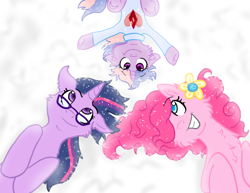 Size: 792x612 | Tagged: safe, artist:cat4lyst, derpibooru import, pinkie pie, twilight sparkle, oc, oc:glitter sparkle, earth pony, pony, female, glasses, lesbian, magical lesbian spawn, mama twilight, offspring, on back, parent:pinkie pie, parent:twilight sparkle, parents:twinkie, shipping, twinkie