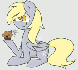 Size: 1024x922 | Tagged: safe, artist:flutternutpie, derpy hooves, pegasus, pony, dialogue, facial hair, female, gray background, hat, mare, monocle, moustache, muffin, simple background, solo, top hat