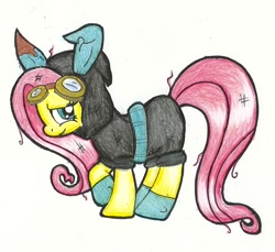 Size: 1136x1040 | Tagged: safe, artist:camidopchiz, fluttershy, pegasus, pony, magic duel, bunny ears, clothes, dangerous mission outfit, female, goggles, hoodie, mare, simple background, solo, traditional art, white background