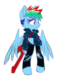 Size: 639x811 | Tagged: safe, artist:chop4, derpibooru import, rainbow dash, pegasus, pony, semi-anthro, clothes, jacket, ripped pants, simple background, sketch, solo, sword, transparent background, weapon