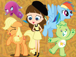 Size: 800x600 | Tagged: safe, artist:illumnious, derpibooru import, applejack, rainbow dash, earth pony, pegasus, pony, ashleigh ball, blythe baxter, care bears, care bears adventures of care a lot, littlest pet shop, oopsy bear, pac-man, pac-man and the ghostly adventures, pinky, voice actor joke