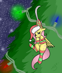 Size: 653x766 | Tagged: safe, artist:silver1kunai, fluttershy, pegasus, pony, blushing, bottomless, christmas, christmas tree, clothes, partial nudity, sock, solo, sweater, sweatershy, tree