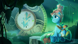 Size: 1920x1080 | Tagged: safe, artist:light262, part of a set, meadowbrook, earth pony, pony, art pack:heroes ep, clothes, cute, female, forest, healer's mask, jycrow, looking back, mare, mask, meadowcute, sitting, smiling, solo, tree, wallpaper