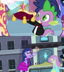 Size: 960x1080 | Tagged: safe, derpibooru import, screencap, fluttershy, spike, twilight sparkle, equestria girls, equestria girls (movie), magical mystery cure, big crown thingy, bowtie, clothes, coronation dress, crown, dress, fall formal outfits, suit, tuxedo