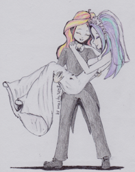 Size: 1140x1446 | Tagged: safe, artist:marta4708, aria blaze, sunset shimmer, equestria girls, bridal carry, clothes, dress, female, human coloration, lesbian, shipping, sunblaze, traditional art, wedding dress