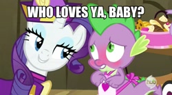 Size: 631x351 | Tagged: safe, edit, edited screencap, screencap, rarity, spike, dragon, pony, unicorn, dragon quest, apron, blushing, caption, clothes, female, hub logo, image macro, kojak, male, mare, meme, rarity's bad pickup lines, shipping, sparity, straight