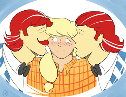 Size: 3293x2543 | Tagged: safe, artist:blackmoongirl, applejack, flam, flim, applejack gets all the stallions, female, flamjack, flimflamjack, flimjack, humanized, kiss on the cheek, kiss sandwich, kissing, male, shipping, straight