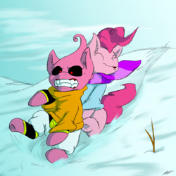 Size: 800x800 | Tagged: safe, artist:artybeat, pinkie pie, pony, crossover, dragon ball z, fun, majin buu, play, snow, winter