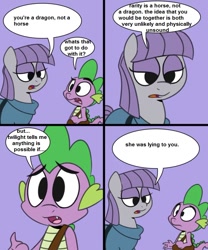 Size: 816x979 | Tagged: safe, artist:epulson, edit, maud pie, rarity, spike, dragon, earth pony, pony, unicorn, anti-shipping, brutal honesty, comic, frown, maud and spike's chat, misspelling, open mouth, shipping denied, speech bubble, wide eyes